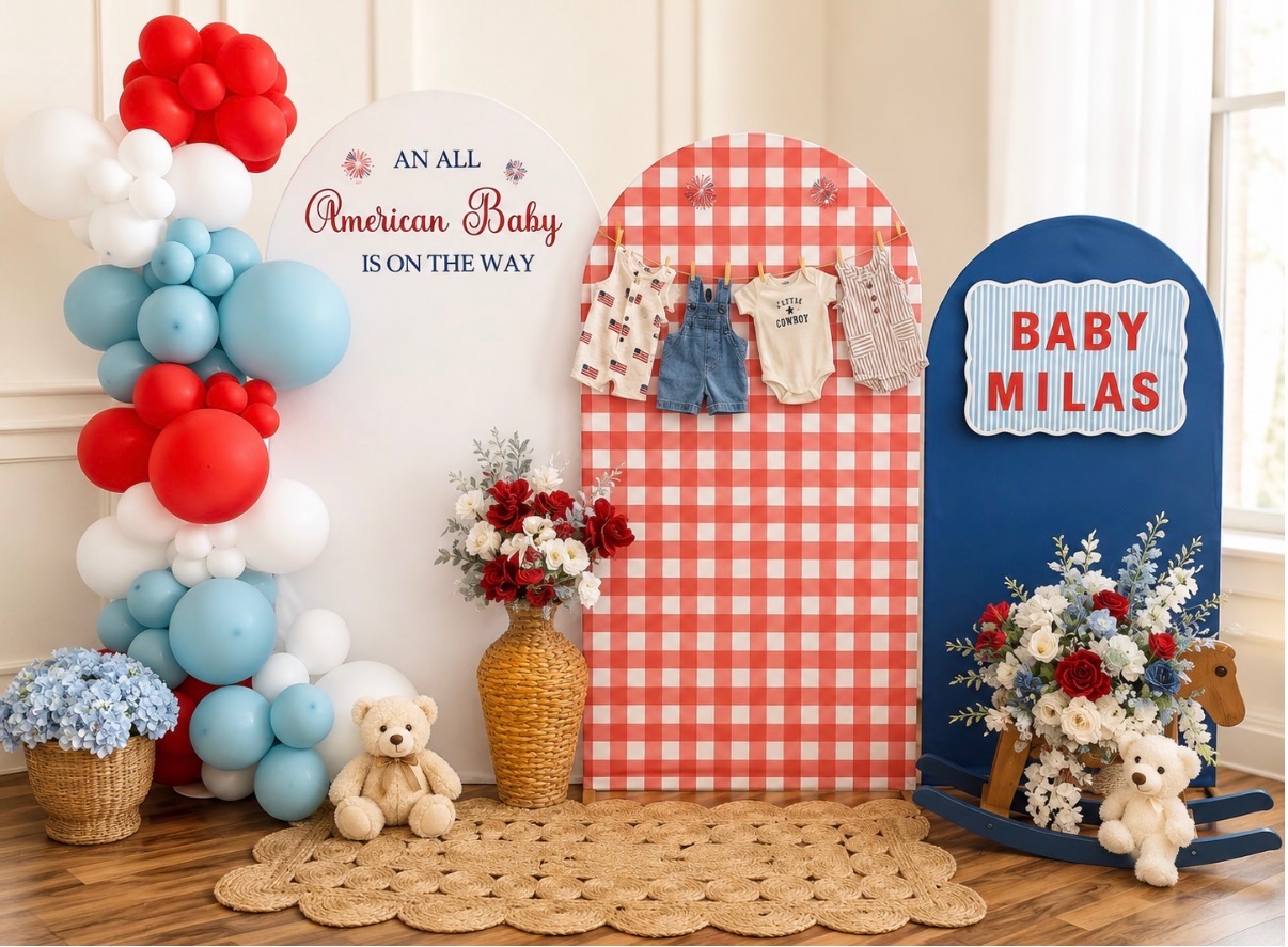 All-American baby shower backdrop with red, white, and blue balloons at The Ivory Center